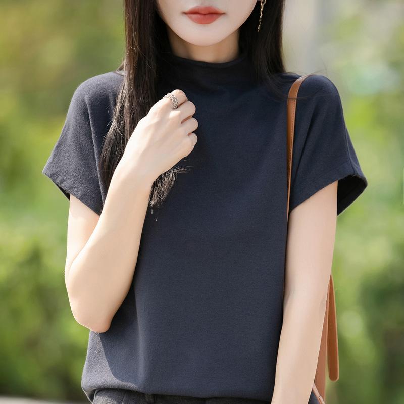 New Spring and Autumn Knitted Sweaters, Pullover Sweaters, Women's Short-sleeved Semi-high-neck Base Sweaters