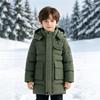 5-12 Years Kids Winter Mid-length Hooded Cotton Jacket Letter Icon Cargo Pocket Coat Boys Outdoor Windproof Sports Outerwear