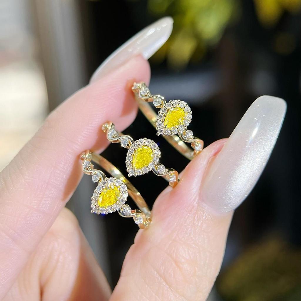 Silver Art S925 Sterling Silver Yellow Diamond Water Drop Geometric Luxury Ring for Women - Popular Cross-Border Stacking Finger Ring