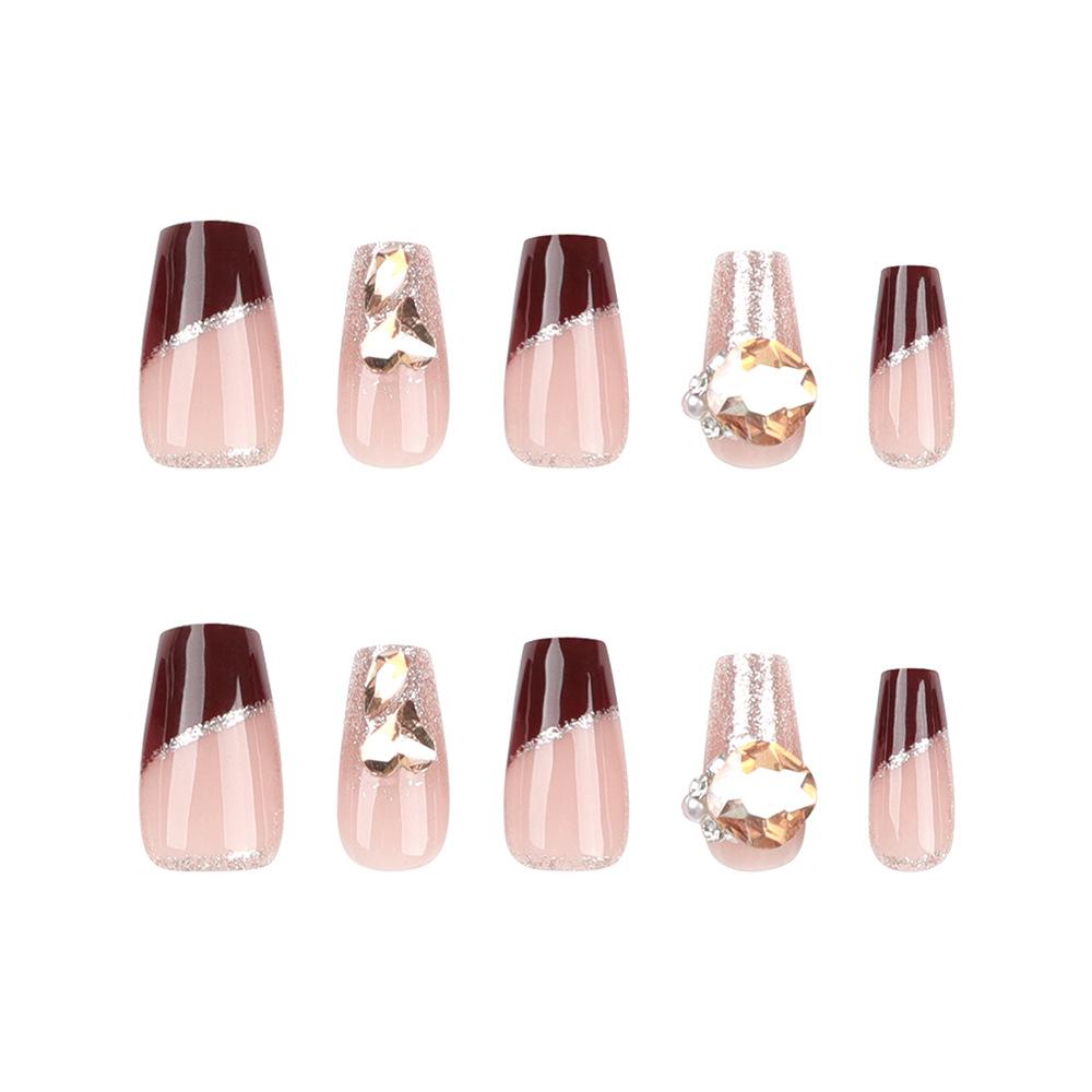 24 Pieces Sense Manicure French Red Light Luxury Wearing Nail Champagne Flash Diamond Flash Powder Nail Piece