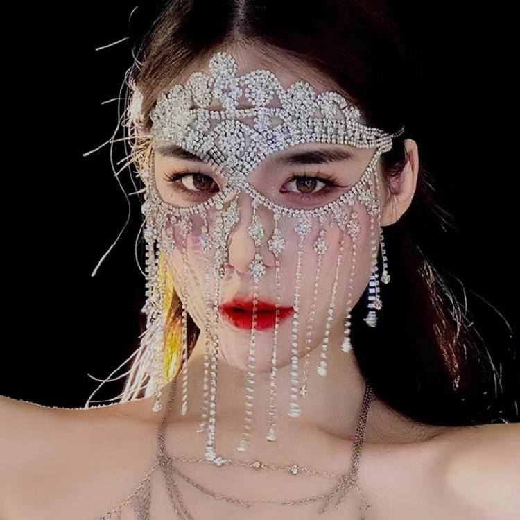 Indian Tassels Veil Mask for Face Women Rhinestones Face Mask Masquerade Dance