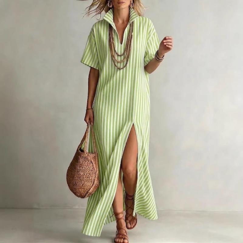 Abito a camicia lungo a righe con spacco a vita alta da donna, casual estivo, per il lavoro