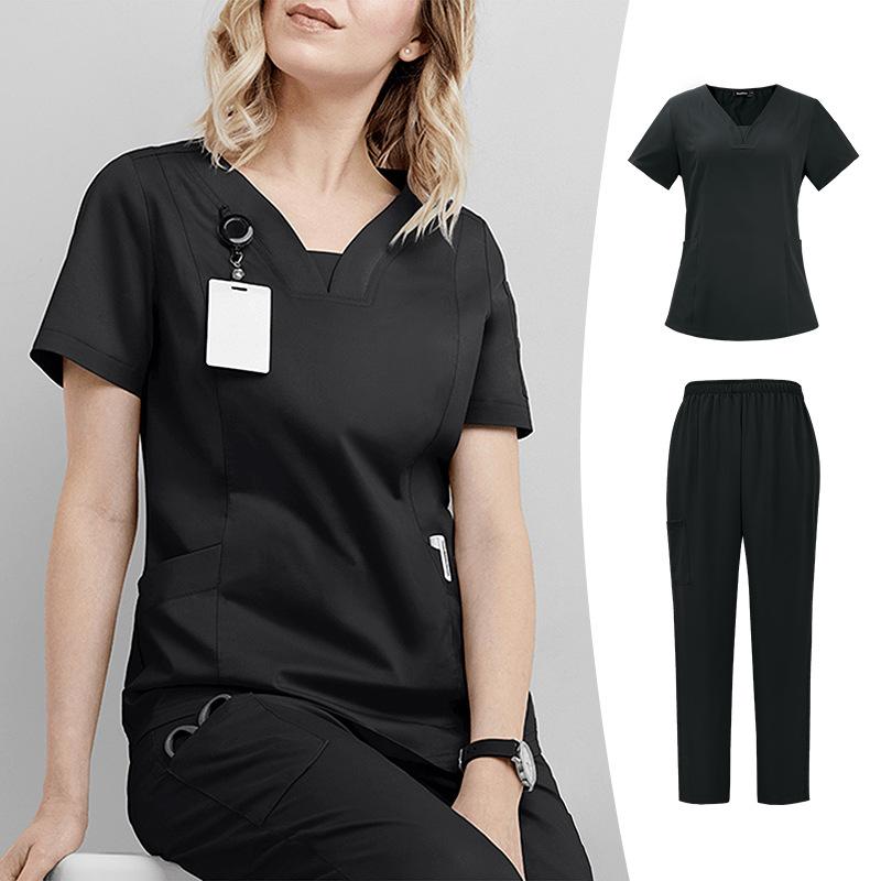 Women Nurse Uniform Two-piece Set Summer Elastic Quick-drying Thin Section V-neck Short-sleeved + Straight Trousers Hand-washing Clothes