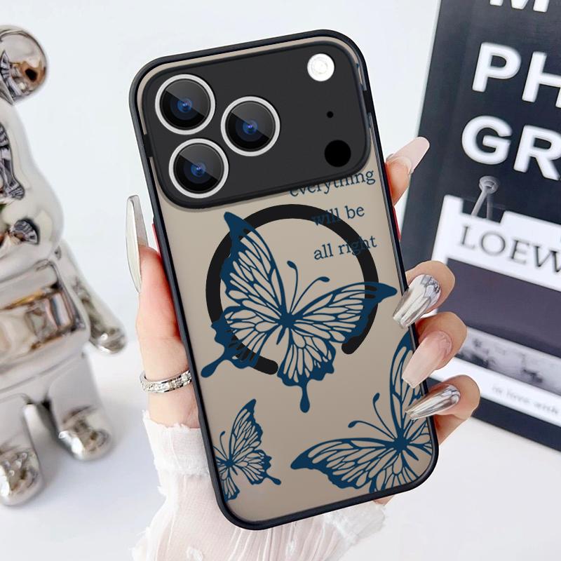 Magnetic Butterfly Pattern Phone Case For iPhone 17 15 16 Pro Max 14 13 Pro 17 For Magsafe Wireless Charge Soft Edge Hard Cover