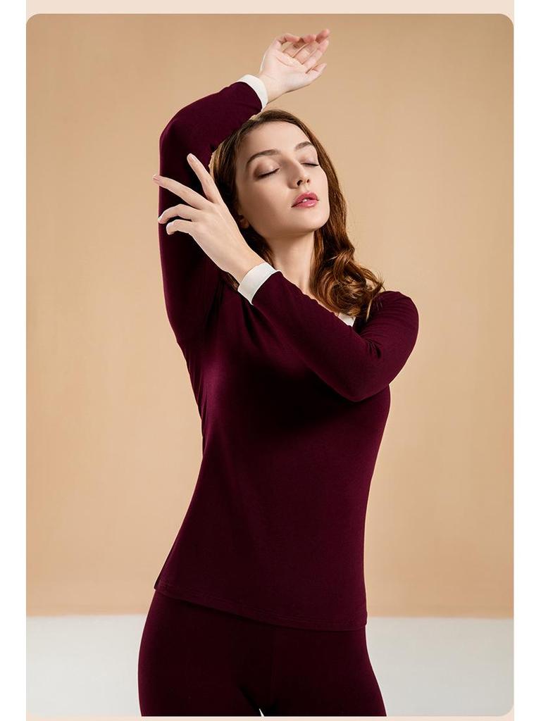Women's V-Neck Pure Cotton Warm Base Layer Set - Autumn/Winter