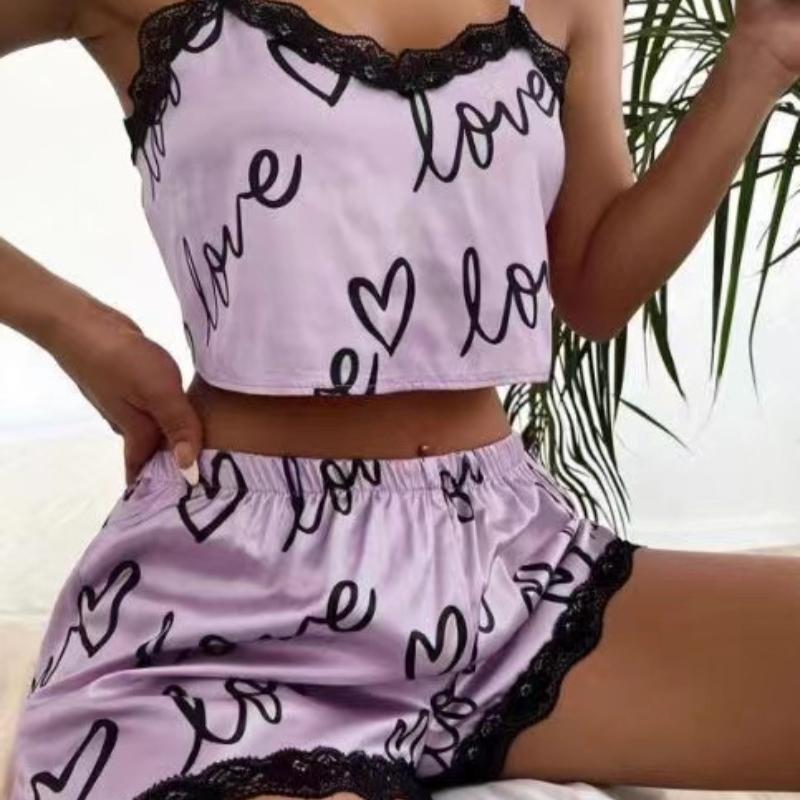Valentine's Day Cute Printed Pajamas Women's Spring/Summer Breathable Ice Silk Home Fury 2 Piece Sets