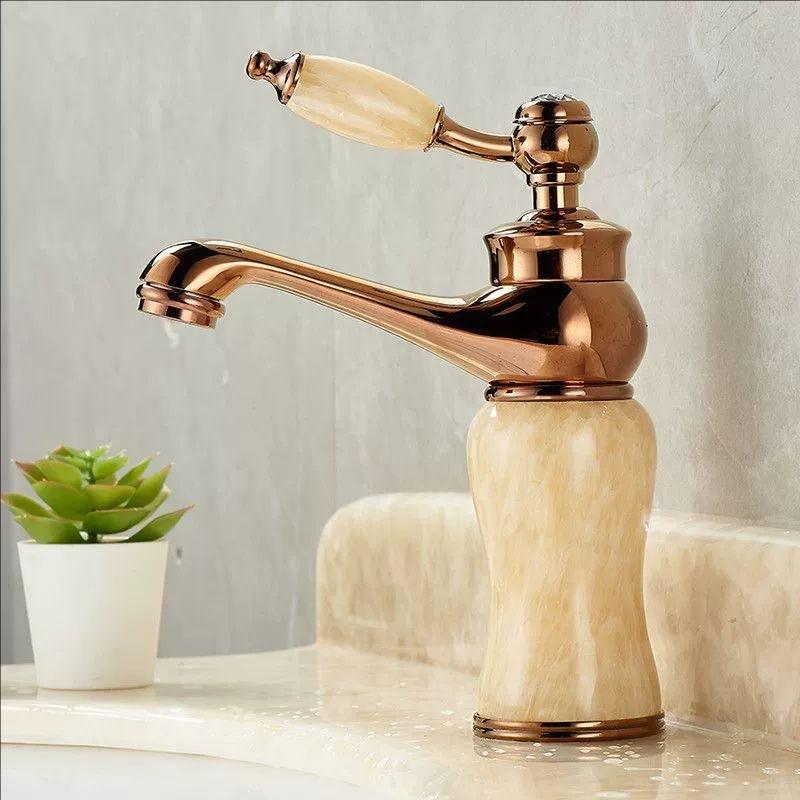 Rose Gold Luxury Bathroom Basin Faucet Single Jade Handle Vanity Sink Mixers Water Taps Brass Natural Jade Basin Sink Faucet