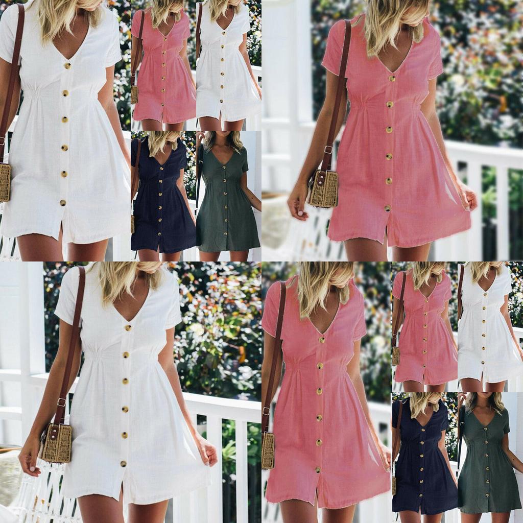 Stylish Women Button Down V Neck Mini Tea Dress In Soft Comfortable Fabric Perfect For Summer Days