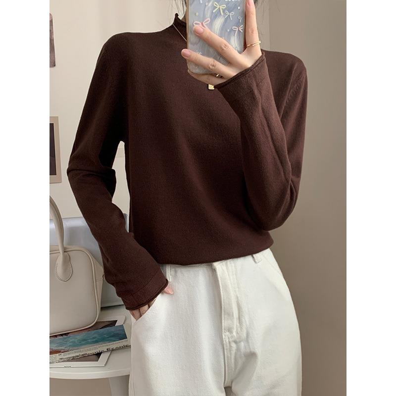 Spring black sweater women's high-end crimped inside knitted top semi-turtleneck temperament versatile bottoming shirt