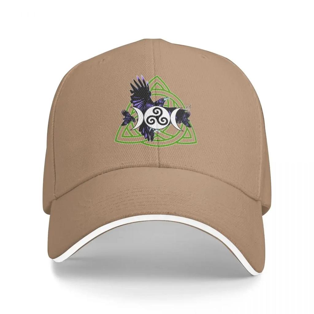 The Morrigan Triple Goddess Raven - Witches Triple Moon with Triquetra Celtic Knot and Triskelion (GREEN VARIANT) Baseball Cap