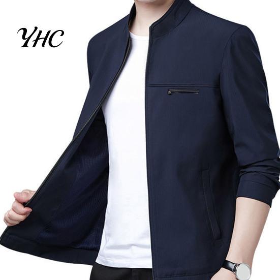 Solid Color Men Coat Spring Fall Stand Collar Mid-aged Father Jacket Long Cardigan Sleeve Smooth Zipper Closure Warm Business Style Pockets Winter