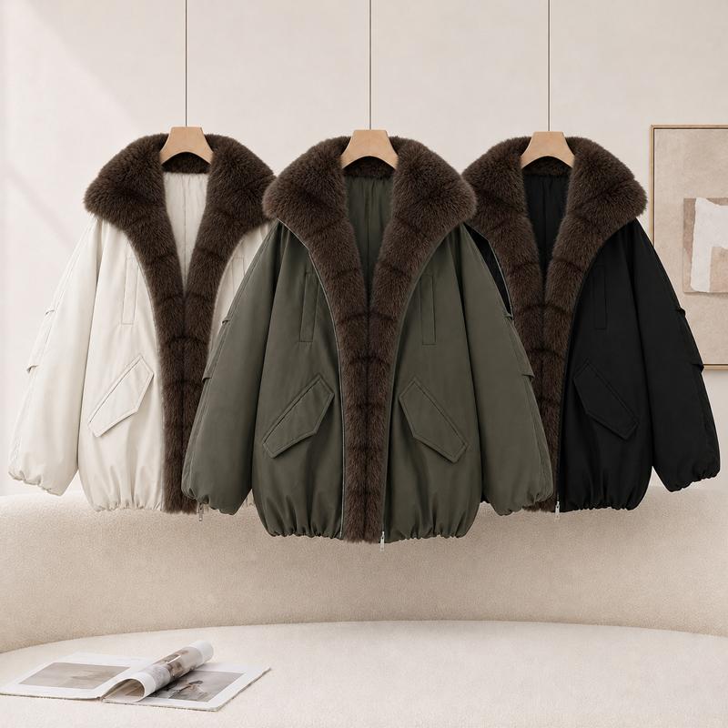 Damen Parka Jacke mit Kunstpelzkragen Reißverschluss Warm Locker Winter Dicke Oberbekleidung