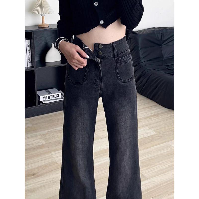 Women's High-Waisted Micro-Flare Plus Size Jeans - Autumn Style for Chubby Girls with Slimming Loose Wide-Leg Bell Bottoms in Black and Gray.