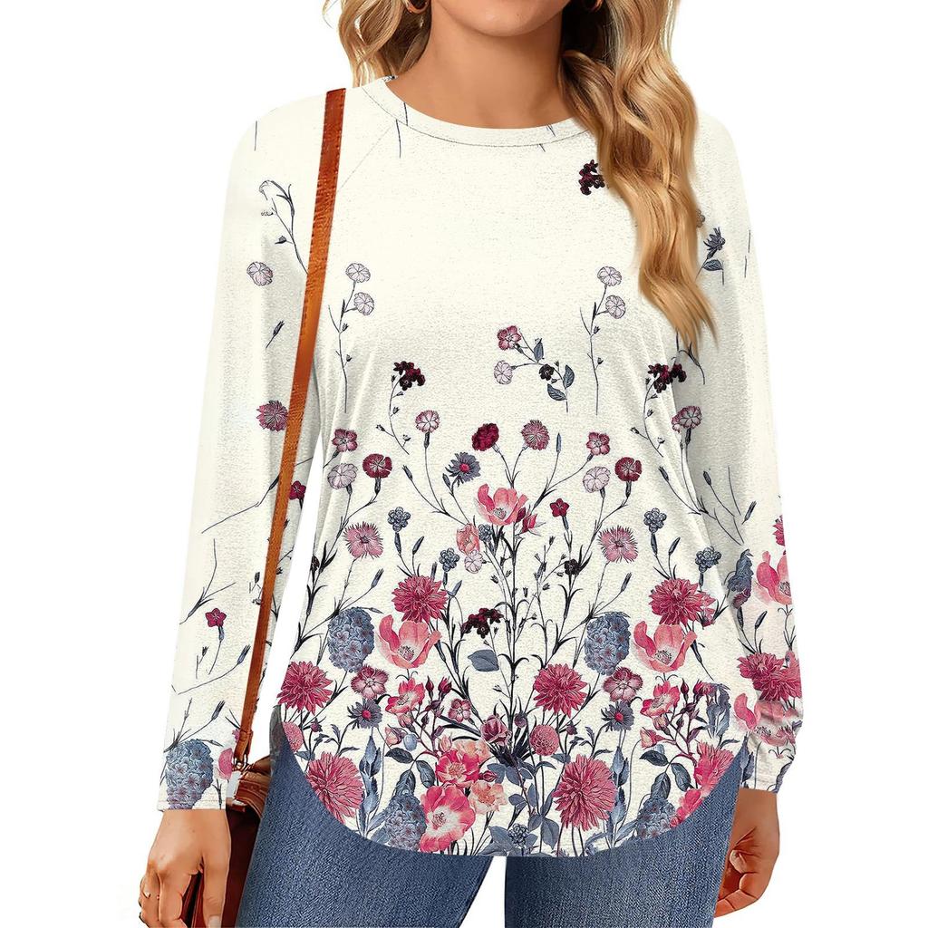 Womens Plus Size Tops Long Sleeve Shirts Round Neck Flowy Tunic Casual Loose Blouse L-5X