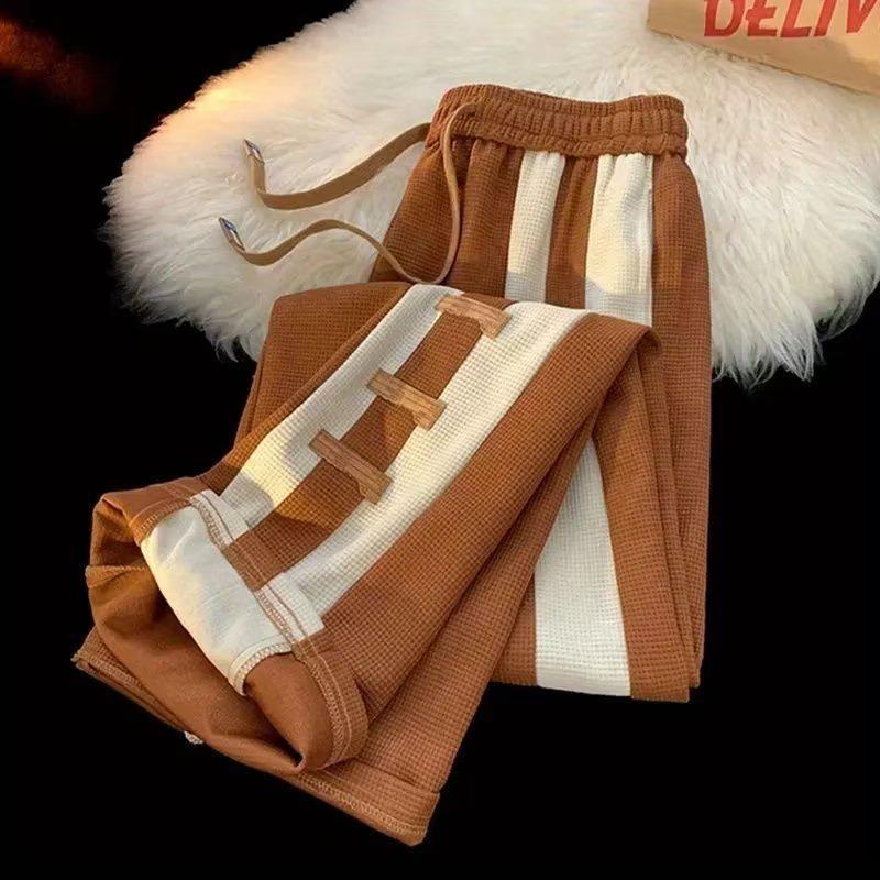 Korean-Style Trendy Color Block Striped Casual Sweatpants, Unisex Spring/Summer Waffle Drape Wide-Leg Design