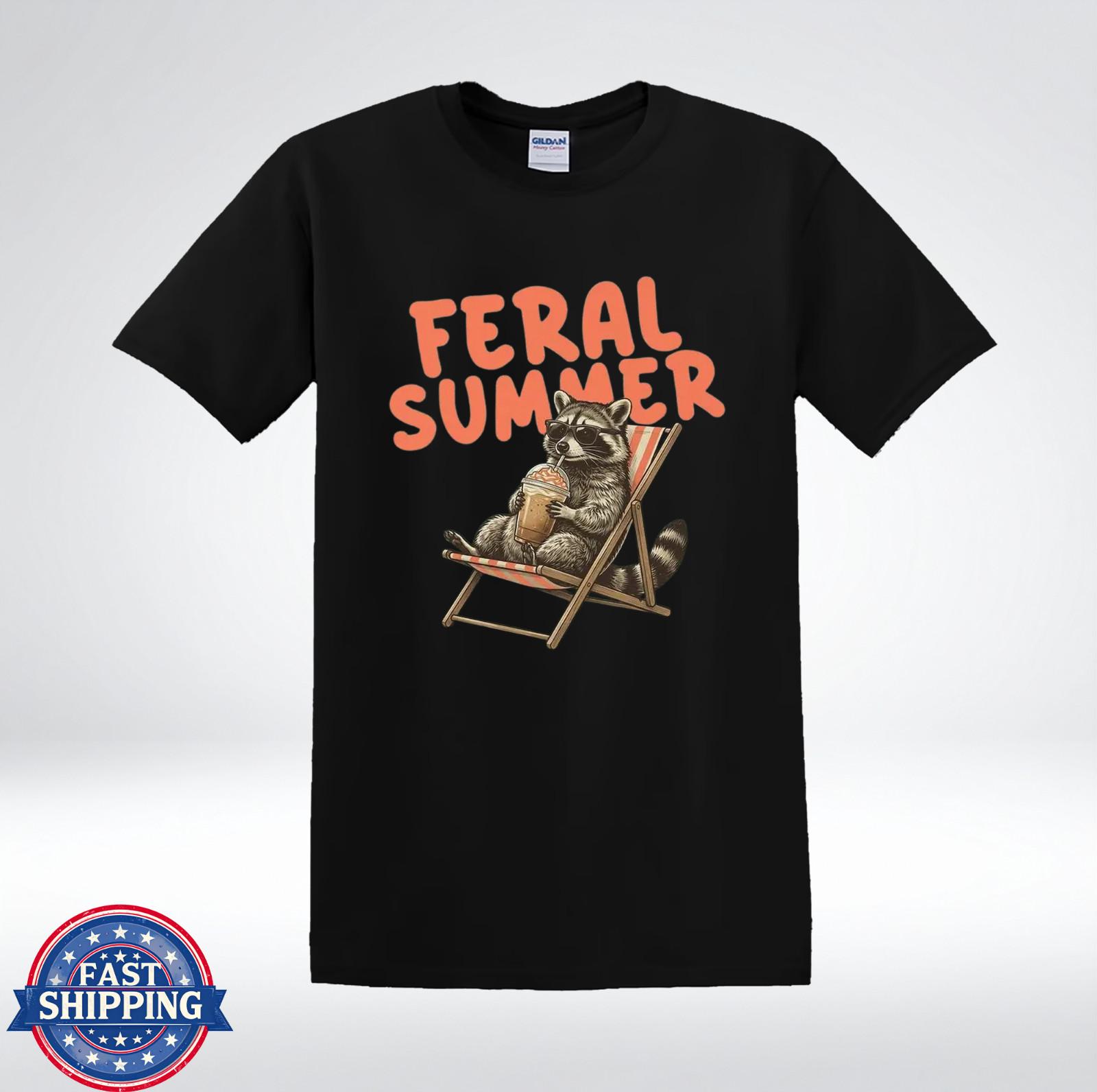 Feral Summer Raccoon Shirt Funny Vacation Chill Animal Graphic T-Shirt L