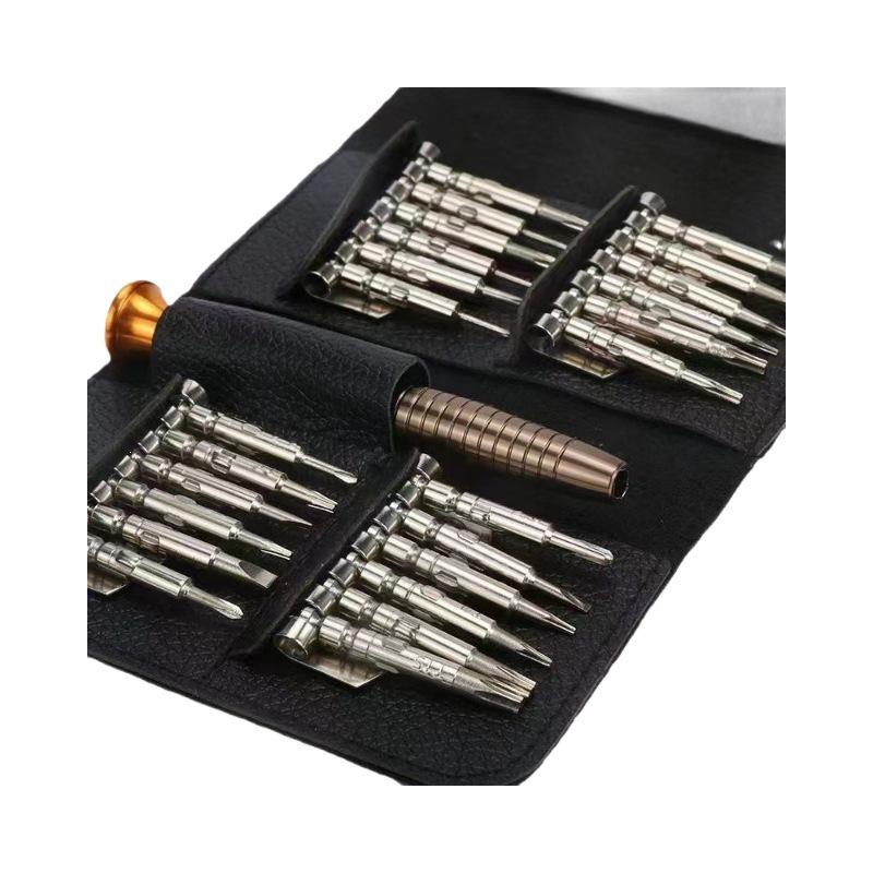 25-in-1 Portable Leather Bag Screwdriver Set for Phone, Computer, and Watch Repair.