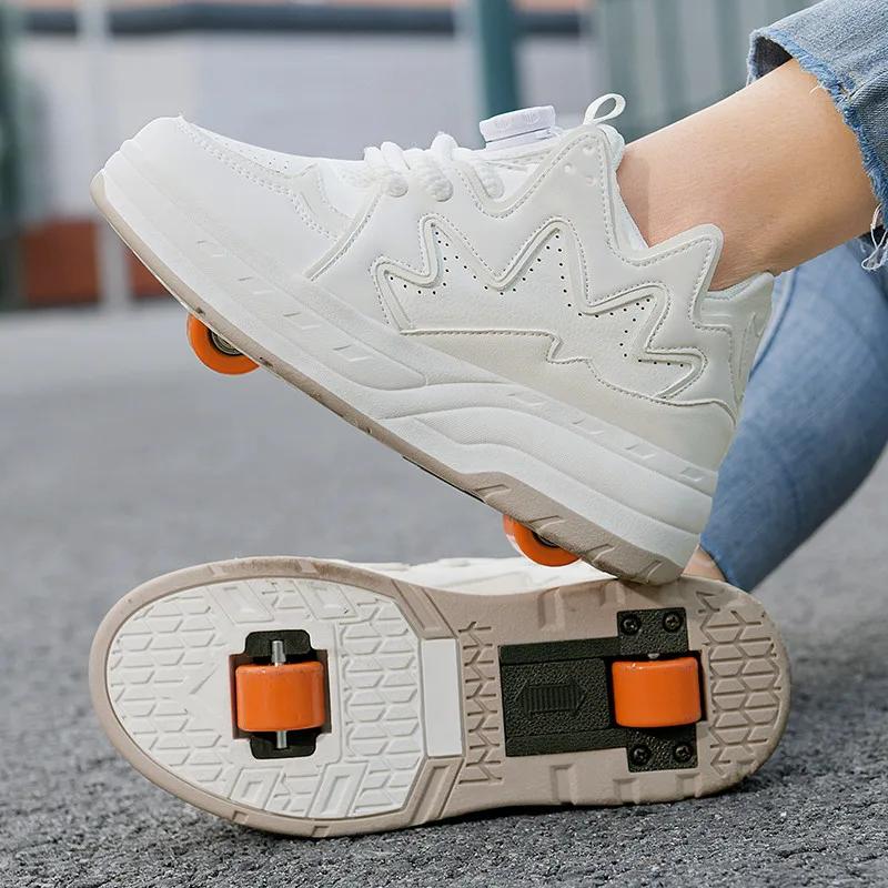 Girls 2-wheel High-top Roller Shoes Fashion Parkour Sneakers With Wheels Women's Retractable Dual-purpose Skates Sports Shoes