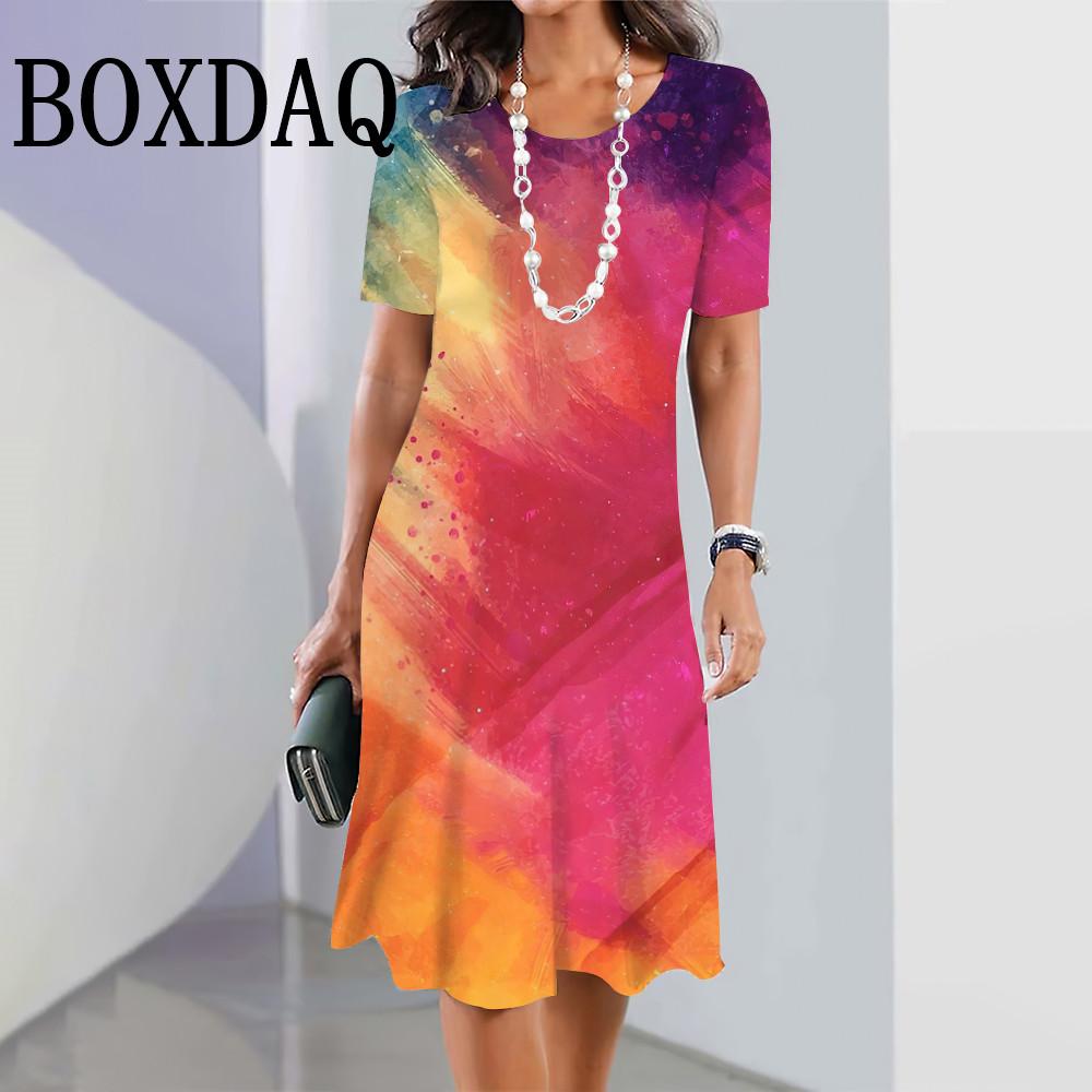 Buntes Batik-Farbverlauf Sommerkleid Damen Kurzarm Rundhals Kleidung Täglich Lässig Mode Locker Mini A-Linien-Kleid