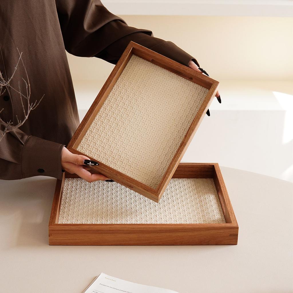 1Pc Bamboo Pattern Leather Tray, Acacia Wood Tray, Dressing Table Decoration Tray, Aromatherapy Ring Jewelry Tray