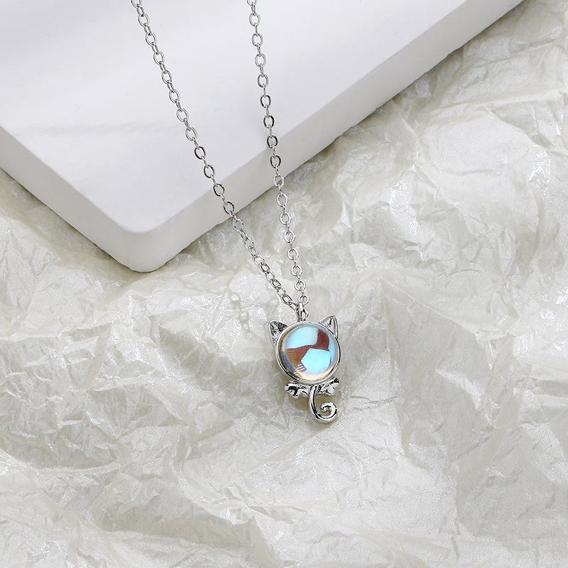 S925 Sterling Silber Halskette süße Katze Mondstein Halskette weiblichen Anhänger japanische und koreanische süße und frische Schlüsselbeinkette