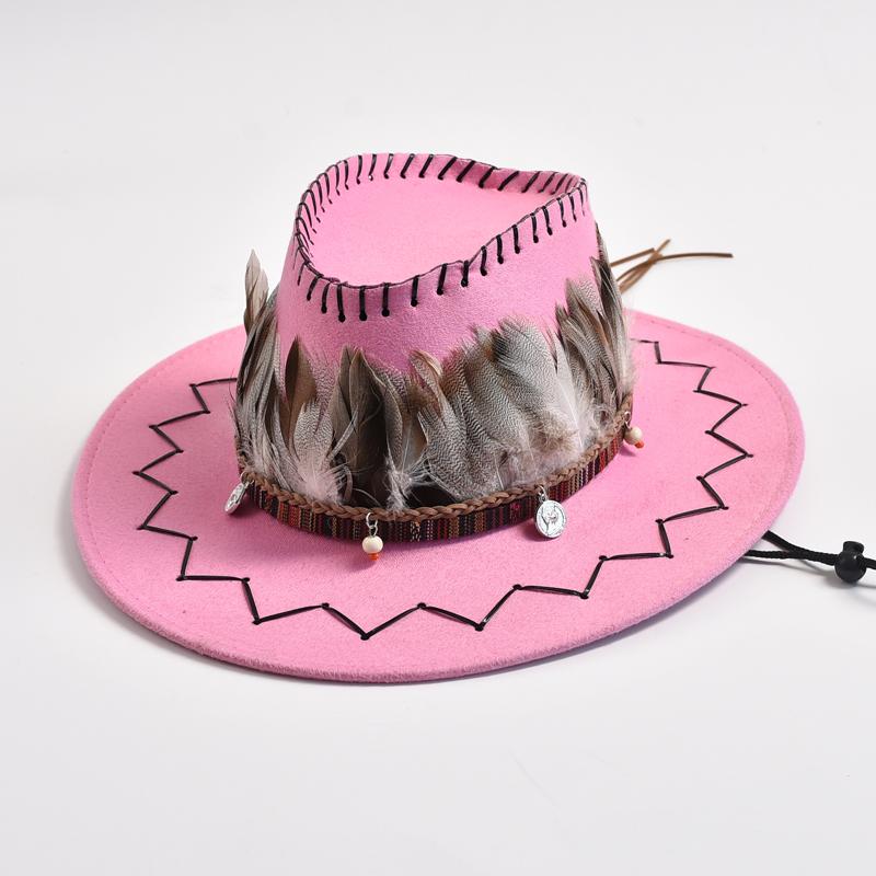 Retro Feather Western Cowboy Hats for Men Women Faux Suede Wide Brim Cowgirls Jazz Cap Outdoor Travel Sun Hat
