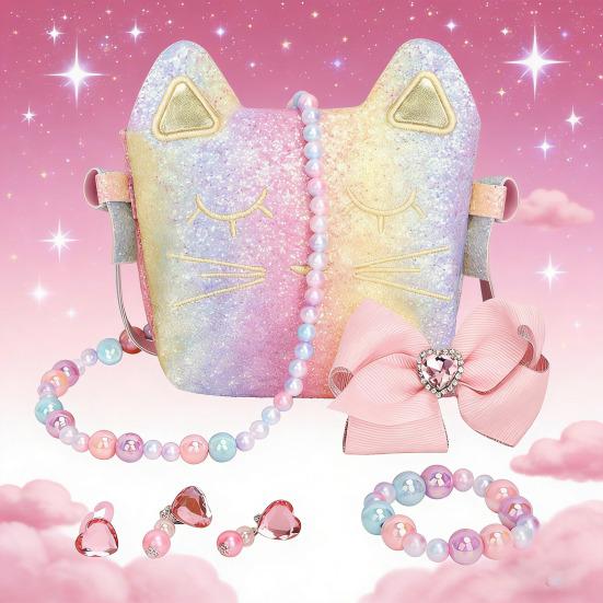 Kids Pretend Play Handbag Set Role Play Toy Necklace Bracelet Accessories Educational Present for Girls Birthday Christmas