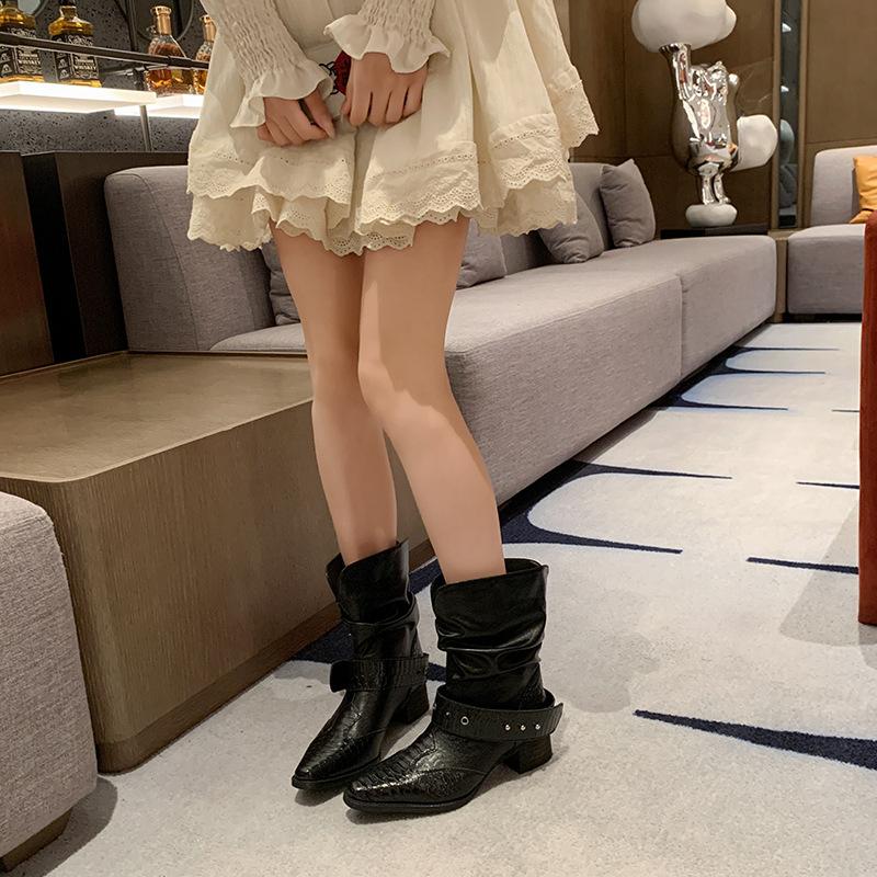 Retro Western Cowboy Boots Women's Brown Pointed Heel Belt Buckle Pile Boots Skinny Short Boots Premium Boots