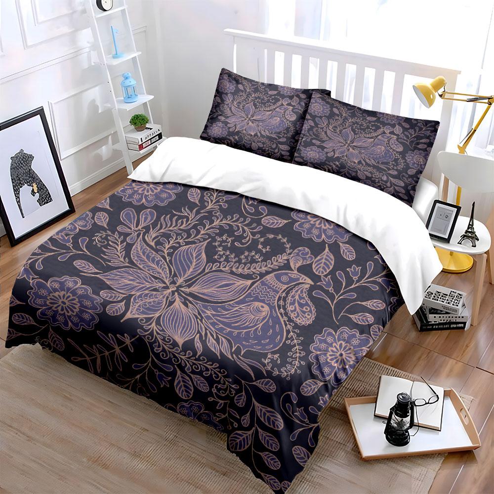Intricate Hand-Drawn Floral Bird Pattern Bedding Set For Kids Luxury Gift 3Pcs Digital Print Comforter Set Soft Comfortable