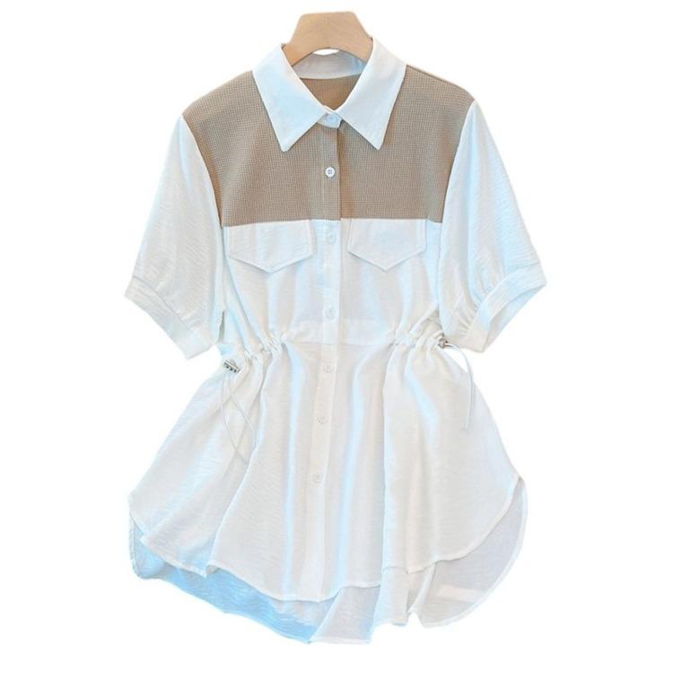 

Женская свободная рубашка на лето с короткими рукавами контрастного цвета 4XL хаки