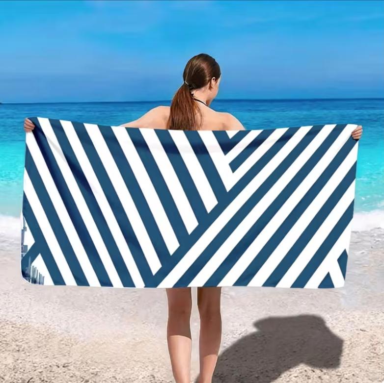 Large Microfiber Beach Towel, Navy & White Geometric Diagonal Stripe Print,Sand Free & Quick Dry,for Minimalist Summer Beach Use