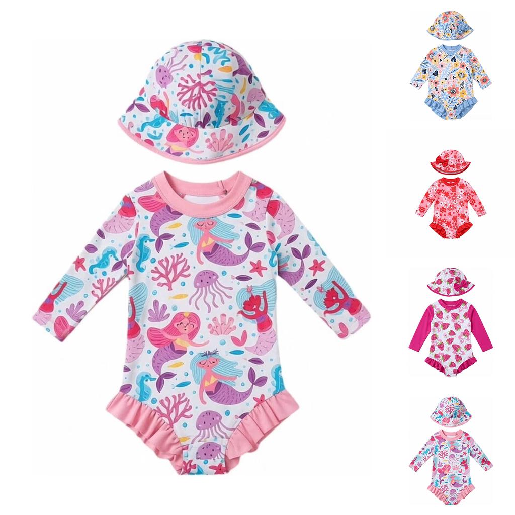 Infant Long Sleeve Snap Button One Piece Swimsuit with Matching Sun Hat Floral Print Baby Swimwear Set UV Protection
