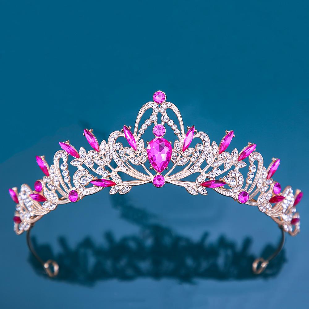 DIEZI Elegant Korean AB Pink Red Crystal Tiara Crown Women Girls Party Wedding Princess Rhinestone Bridal Crown Hair Jewelry