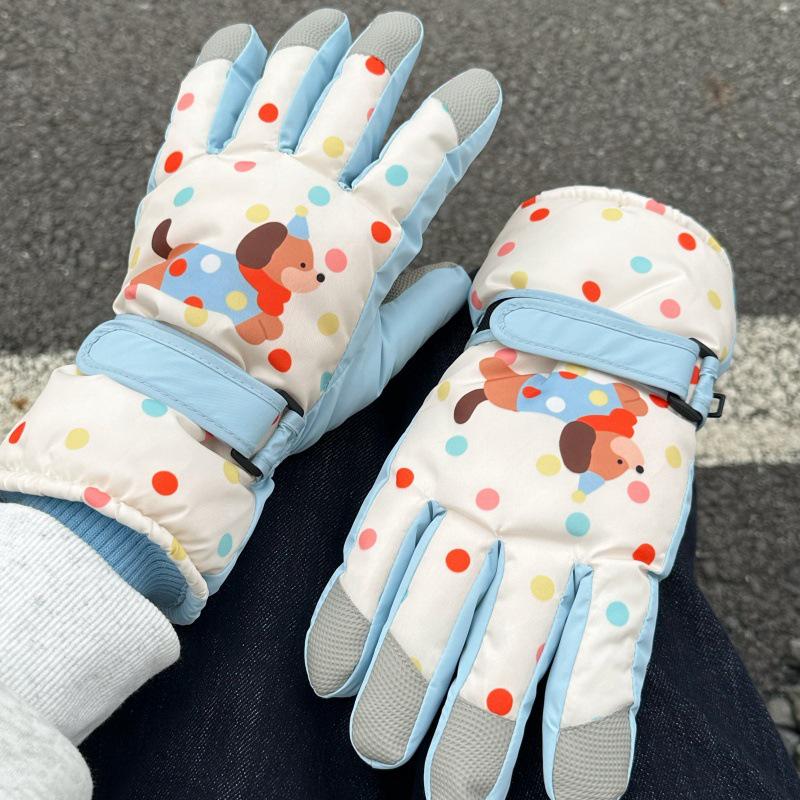 Kadın Kış Karikatür Köpekçik Kayak Eldivenleri: Dokunmatik Ekranlı, Rüzgar Geçirmez, Kadife Astarlı, Dış Mekan Sürüşü İçin Parmak Ayrık