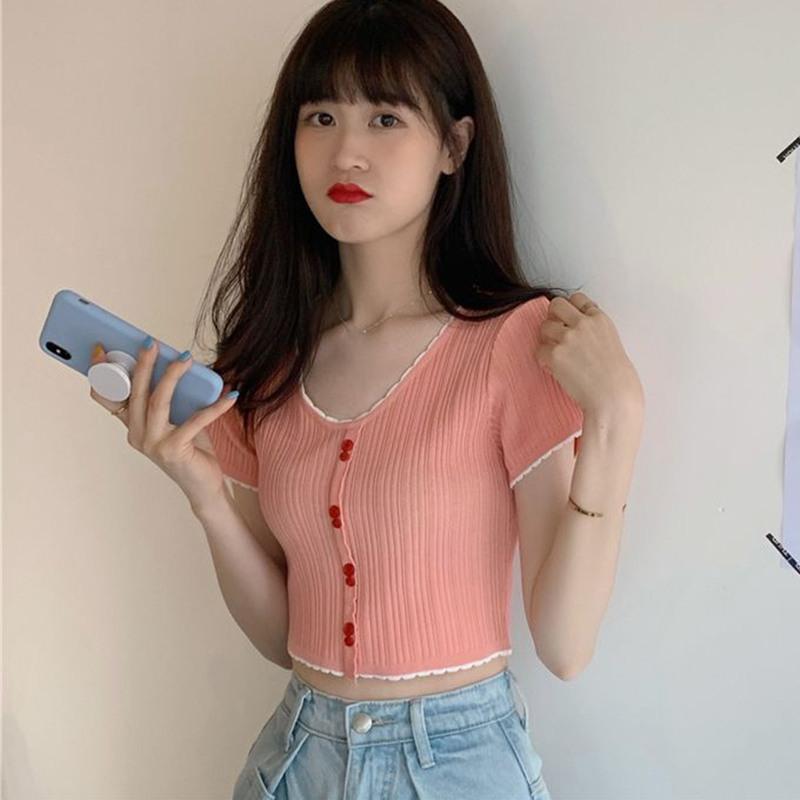 Letni Dziewczęcy Seksowny T-shirt z Dekoltem V Jednolity Kolor Krótki Rękaw Dzianinowe Topy Styl Preppy Dopasowany T-shirt