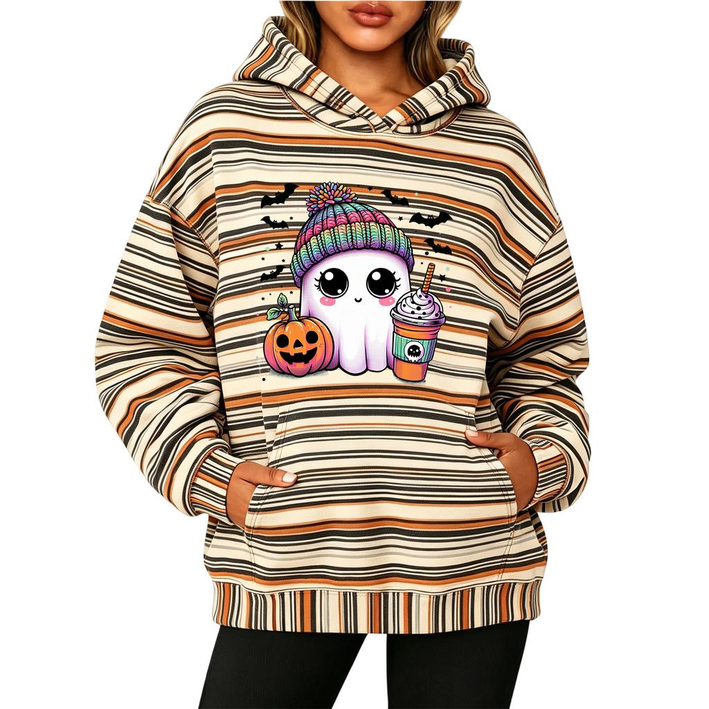Women's Fashion Striped Print Long Sleeve Pullover Hoodie with Pockets for Halloween