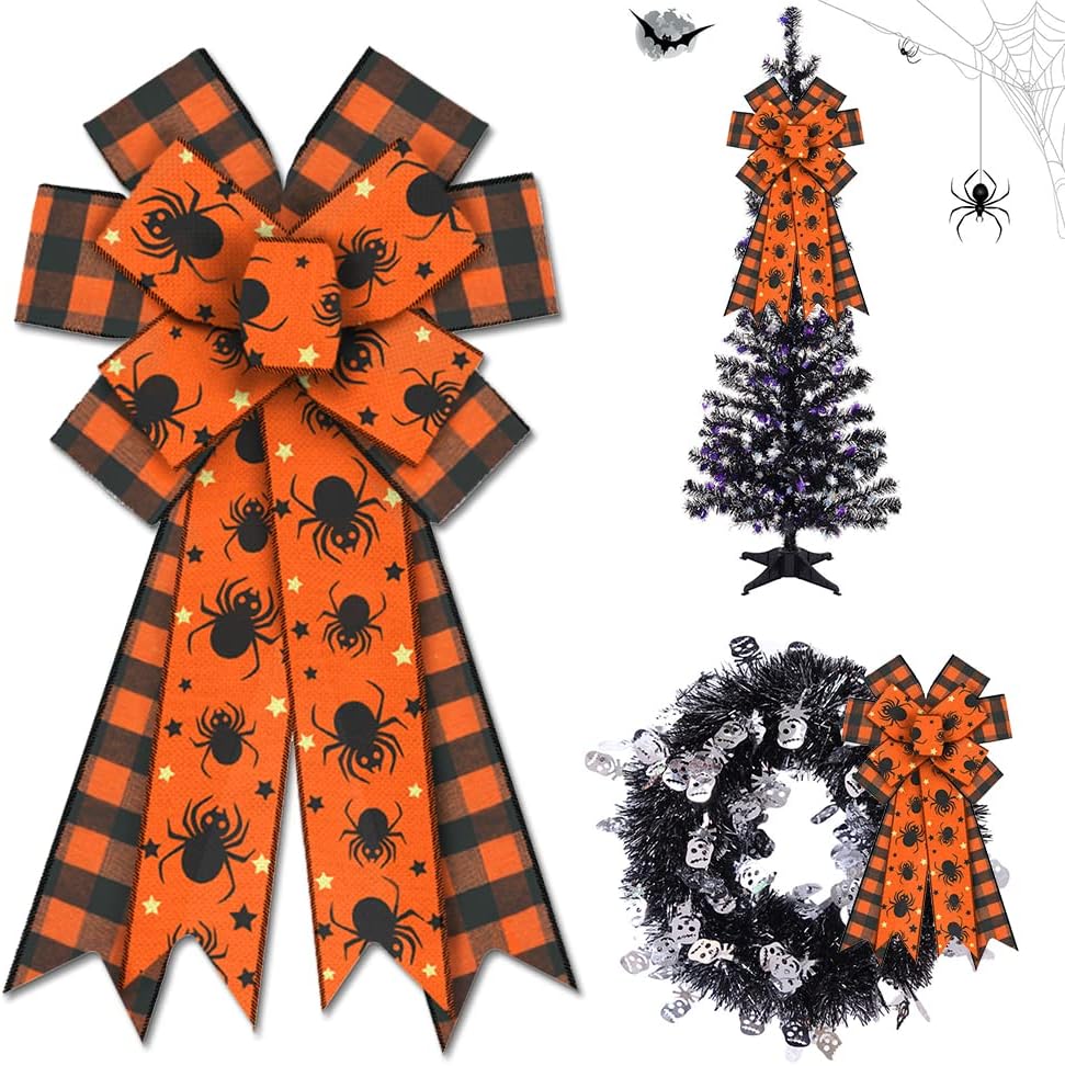 

Large Halloween Bows for Wreath Spider Black Buffalo Plaid Bows Orange Burlap Bows Tree Topper Bows for Halloween Party Decor 20.87 x 11.42 in