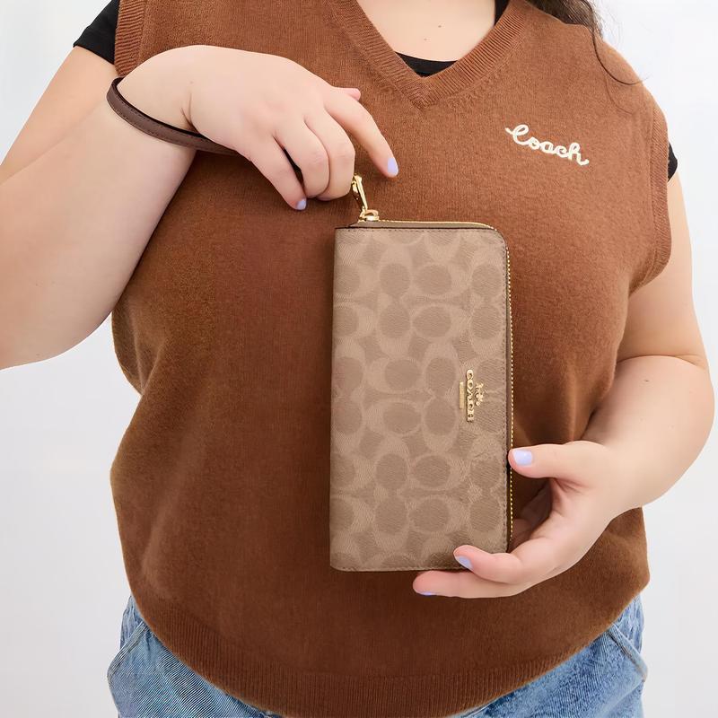 Coach 19 Cierre de Cremallera con Logo Metálico Cartera de Lona Recubierta Regular para Mujer Color Canela con Canela Marrón y marrón