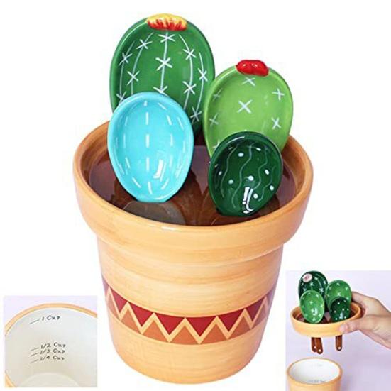 4Pcs Flower Measuring Spoons Set, Ceramic Nesting Measuring Cups with Stand, Cute Kitchen Baking Tool for Coffee Tea, Gift for Bakers