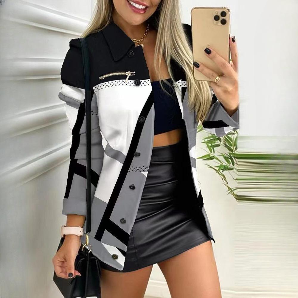 

BITCED Осень-зима, длинный рукав, молния, цветной блок, принтованный лацкан, маленькая куртка для женщин XXL серый/белый