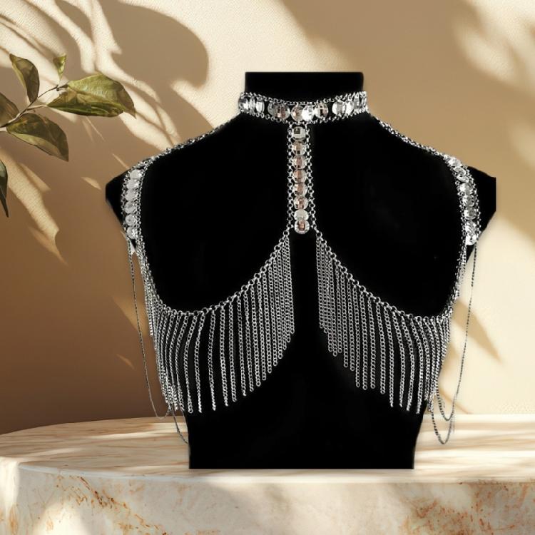 Trendy Stylish Rhinestones Shoulder Necklace Multitiered Body Chain Jewelry Accessory for Fashionable Women Ladies