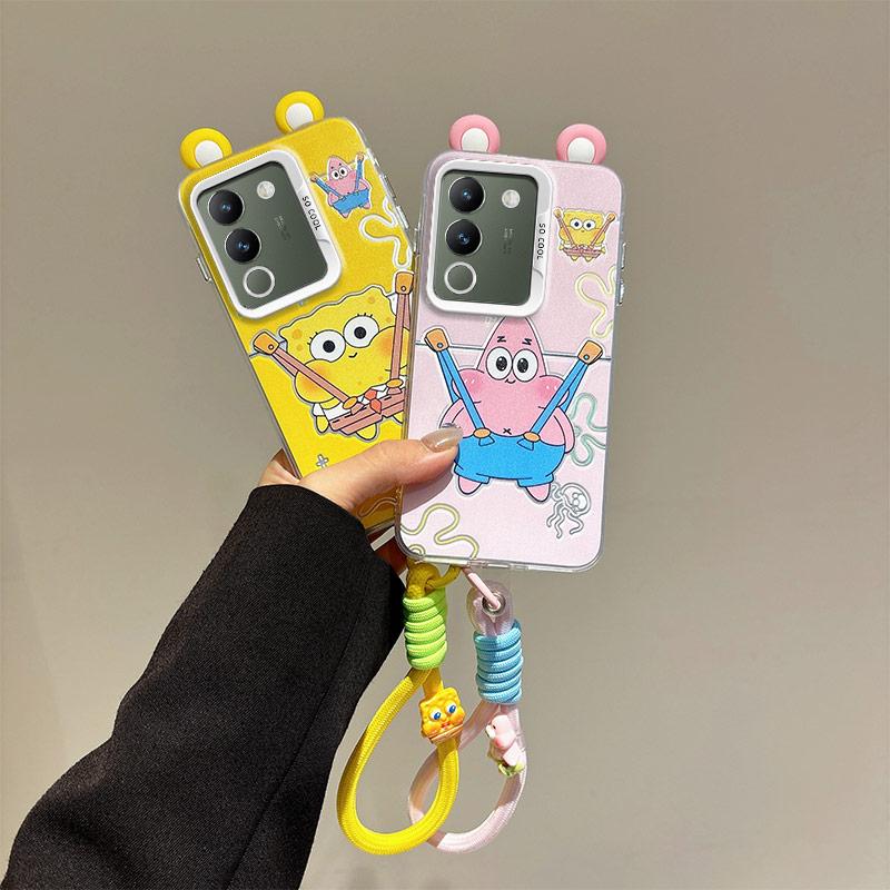 KEYSION Cute Ear Cartoon Case for VIVO V29e 5G with Lanyard Soft Silicone+PC Shockproof Phone Back Cover for VIVO V29e