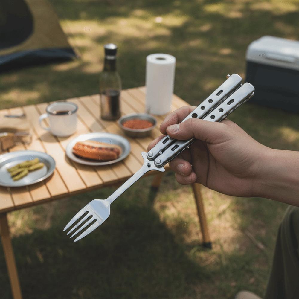 Stainless Steel Butterfly Cutter Style Folding Spoon Rust-proof Portable Spoon Forks Outdoor