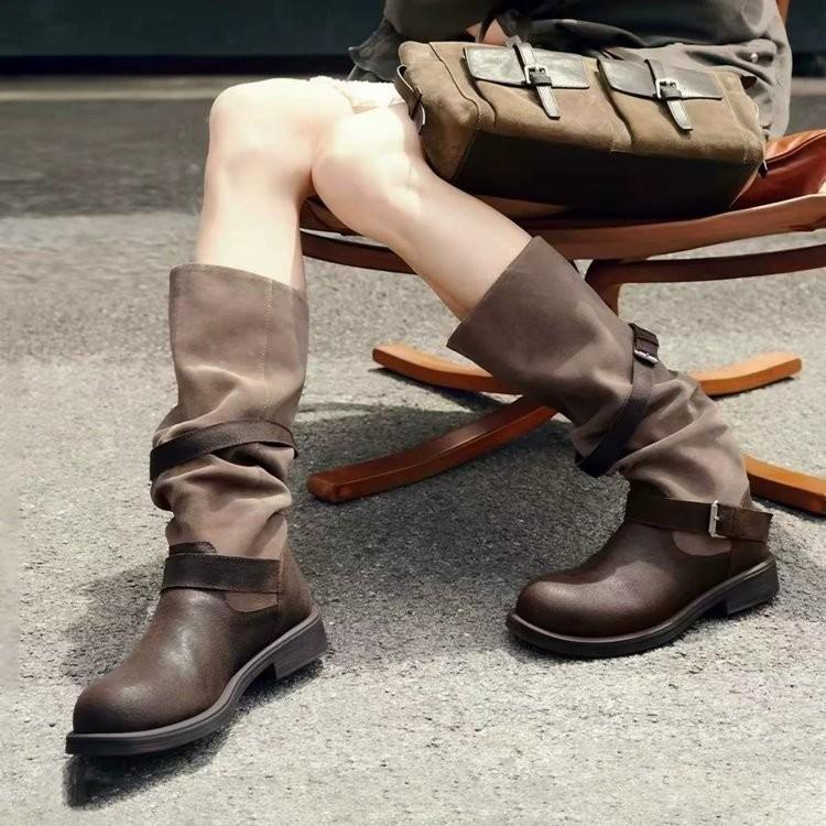 Inner Heightening Pile Western Boots Women'S Autumn New Double Buckle Knight Boots Thick-Soled Thick Heel Boots Women'S Tide