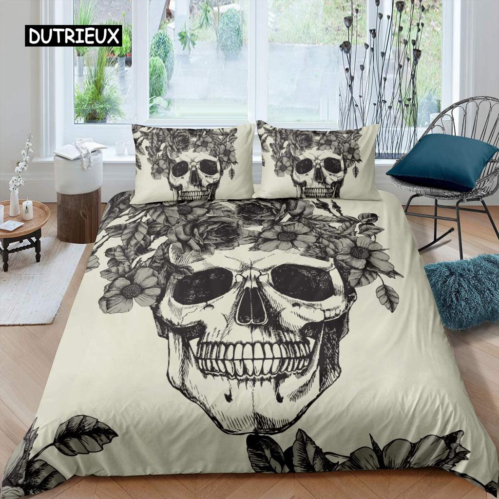 Sugar Skull Bedding Comforter Cover Set Gothic Duvet Cover Twin/Full/Queen/King Set 3 Pieces Soft Microfiber Duvet Cover