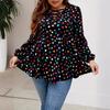 Sommer Damenbluse Übergröße Buntes Herzförmiges Muster Rüschensaum Langarm Oberteil