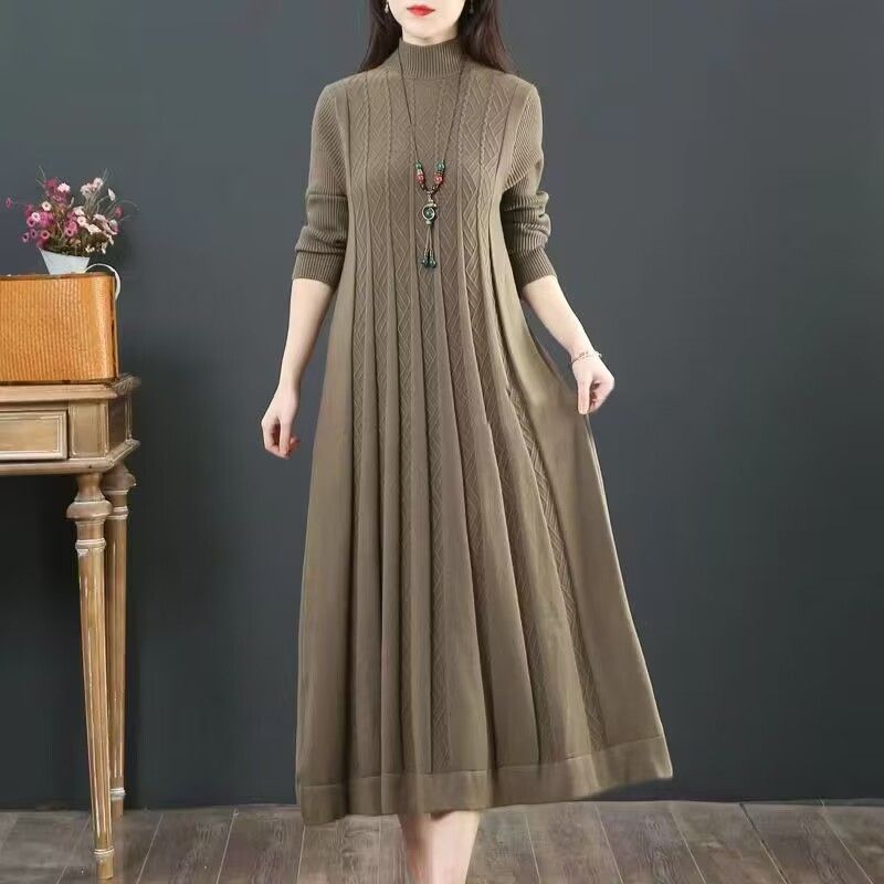 Abito Maglia Midi da Donna Collo Semi-Alto Manica Lunga Abito Maglione Dritto Indumento Interno Invernale Capo Esterno Taglie Forti
