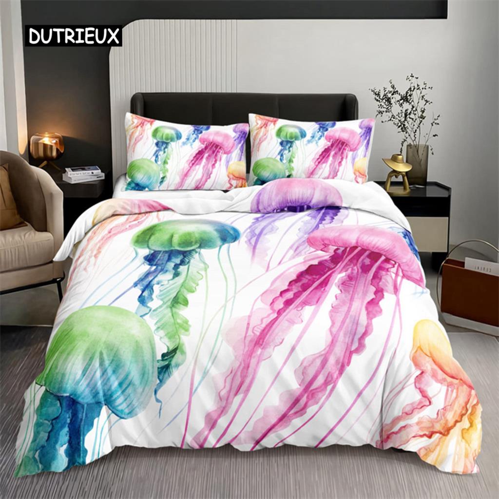 Watercolor Jellyfish Duvet Cover Mermaid Kawaii Sea Turtle Bedding Set Full For Boys Girls Gift Sea Ocean Theme Comforter Cover