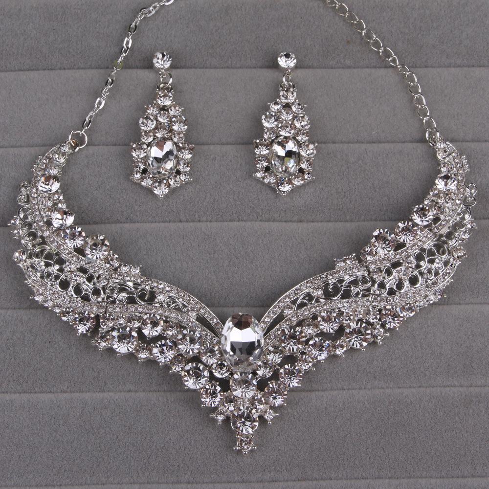3Pcs Set Bridal Necklace Alloy Inlaid With Rhinestones Large Crystal Necklace Earrings Decor Wedding Dress Accessories Jewelry