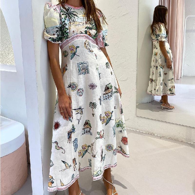 Summer Casual Puff Short Sleeves Dresses for Female Plant And Flower Prints Dress Round Necked Dress Women's Fashion High Waist Dress Beach Dress